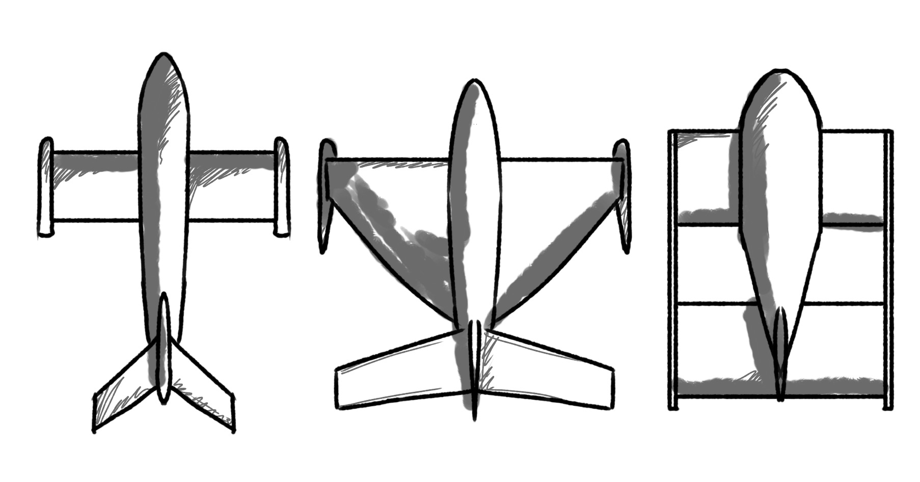 Ekranoplan concept sketches — top, front and side views of the ground-effect vehicle